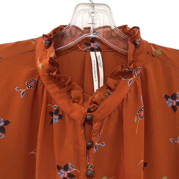 Anthropologie Womens Floral Chiffon Top Large Burnt Orange Floral Long Sleeve - Picture 7 of 13